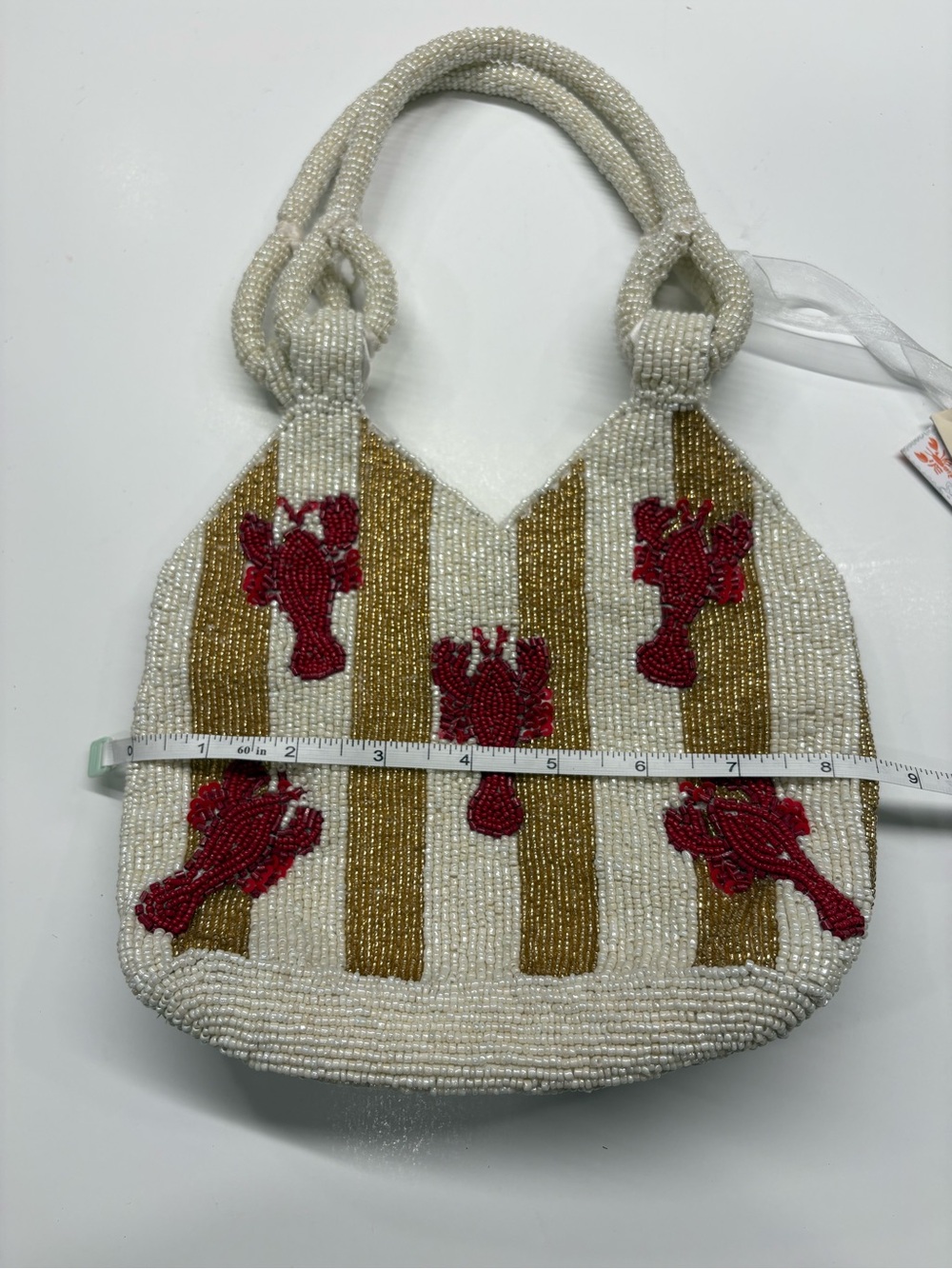 Hand-Beaded Beachy Lobster Stripe Purse in White, Gold & Red Brand New - Picture 6 of 8